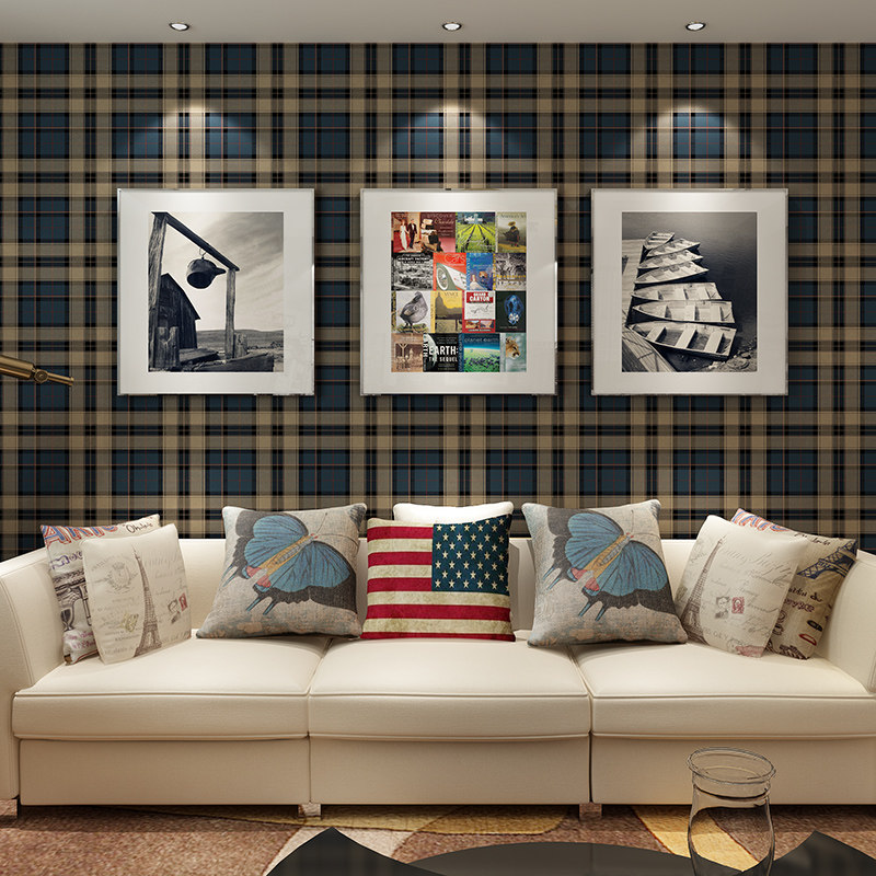 英格兰苏格兰格子 美式仿布纹红蓝墙布壁画 沙发背景墙 书房卧室