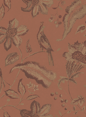 京三木 法式中古花鸟无缝墙布 珊瑚红帝王黄色客厅老人房卧室背景