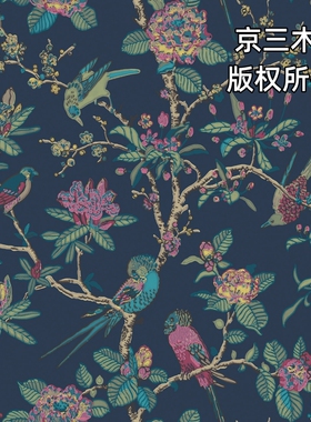 京三木 油画效果法式中古风无缝墙布 藏蓝明黄色花鸟护墙板背景墙