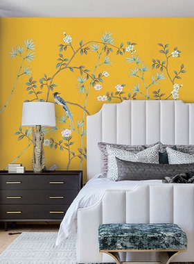 京三木 明黄色高清工笔花鸟 法式美式中国风  卧室玄关沙发背景墙