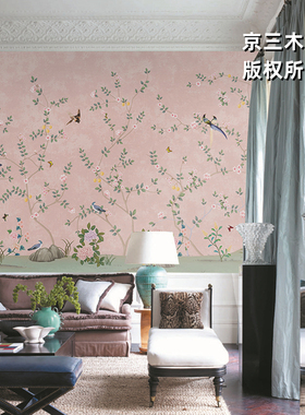 京三木 法式粉紫色清雅花鸟无缝墙布 大户型客厅卧室背景墙AB版