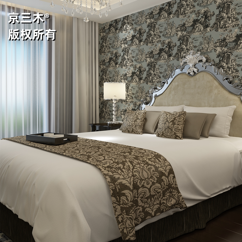 京三木  法式青绿色无缝墙布 田园庄园场景 卧室背景墙 壁画软包