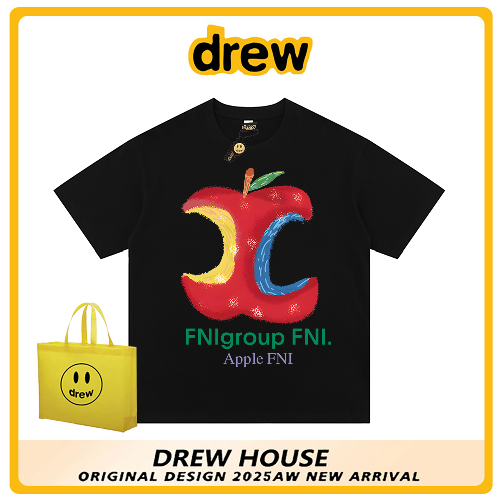 drew潮牌美式抽象苹果印花正肩短袖T恤纯棉重磅休闲复古新款男女