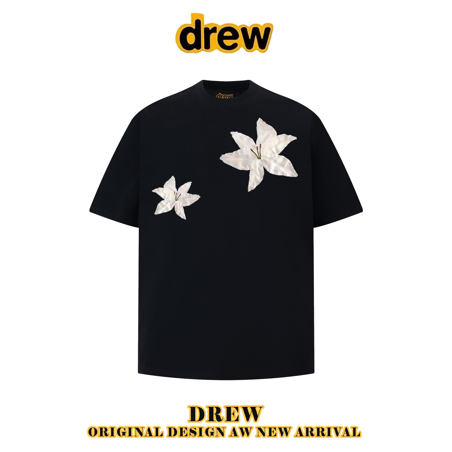 drew潮牌美式花朵短袖T恤男女夏季宽松纯棉重磅百搭正肩情侣上衣