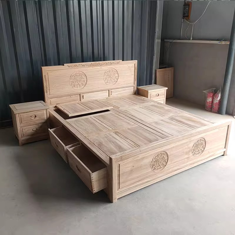 老榆木实木双人床白茬箱式