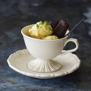 日本进口 Studio M' 复古裙边波浪高脚咖啡杯下午茶杯子 带水果碟