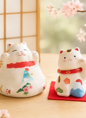 日本制京都手工和纸龙虎作 富士山招财猫 日料店开业送礼摆件饰品