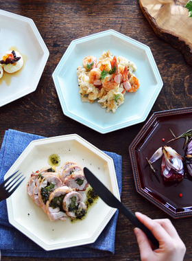 日本进口 Studio M' 复古手工浮雕薄荷叶陶瓷餐盘水果蛋糕八角碟