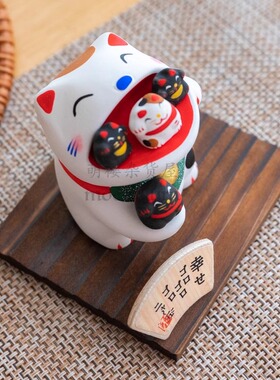 日本进口京都龙虎作陶土招福青蛙猫咪桌面车载摆件平安送礼工艺品