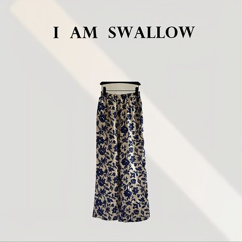 【A/M Swallow】桑蚕丝青花印阔腿休闲裤W-1201#323