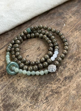 原创设计新中式天然金丝楠木和田玉三圈手链女小众国风925银叠戴