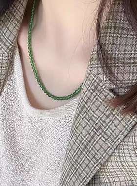 新中式菠菜绿玉髓翡翠色串珠碧玉色S925纯银项链锁骨链国风女