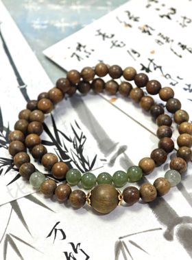 原创设计绿檀和田玉石双圈国风手链双圈小众助眠安神醒脑中式手串