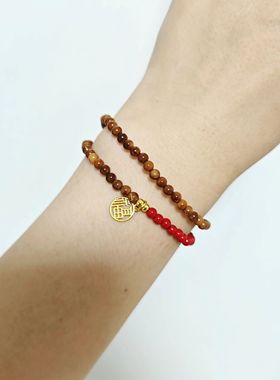 原创库克朱砂福牌双圈手链朱砂叠戴小米珠清心安神手工七夕礼物