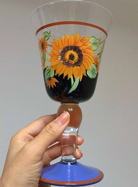 罕见中古杯！致敬梵高向日葵 du家纯手绘艺术红酒杯  停产 收藏