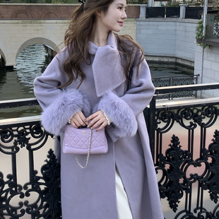 2025秋冬新款千金感狐狸毛袖双面羊绒大衣女长款加厚羊毛呢子外套