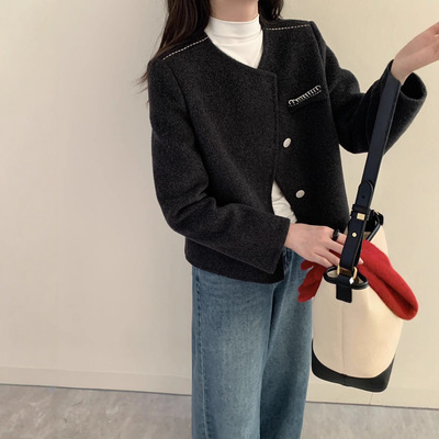 韩版正肩圆领小香风羊毛呢子大衣