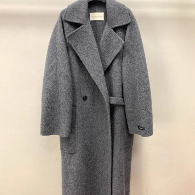 西装领灰色长款羊毛呢大衣女显瘦