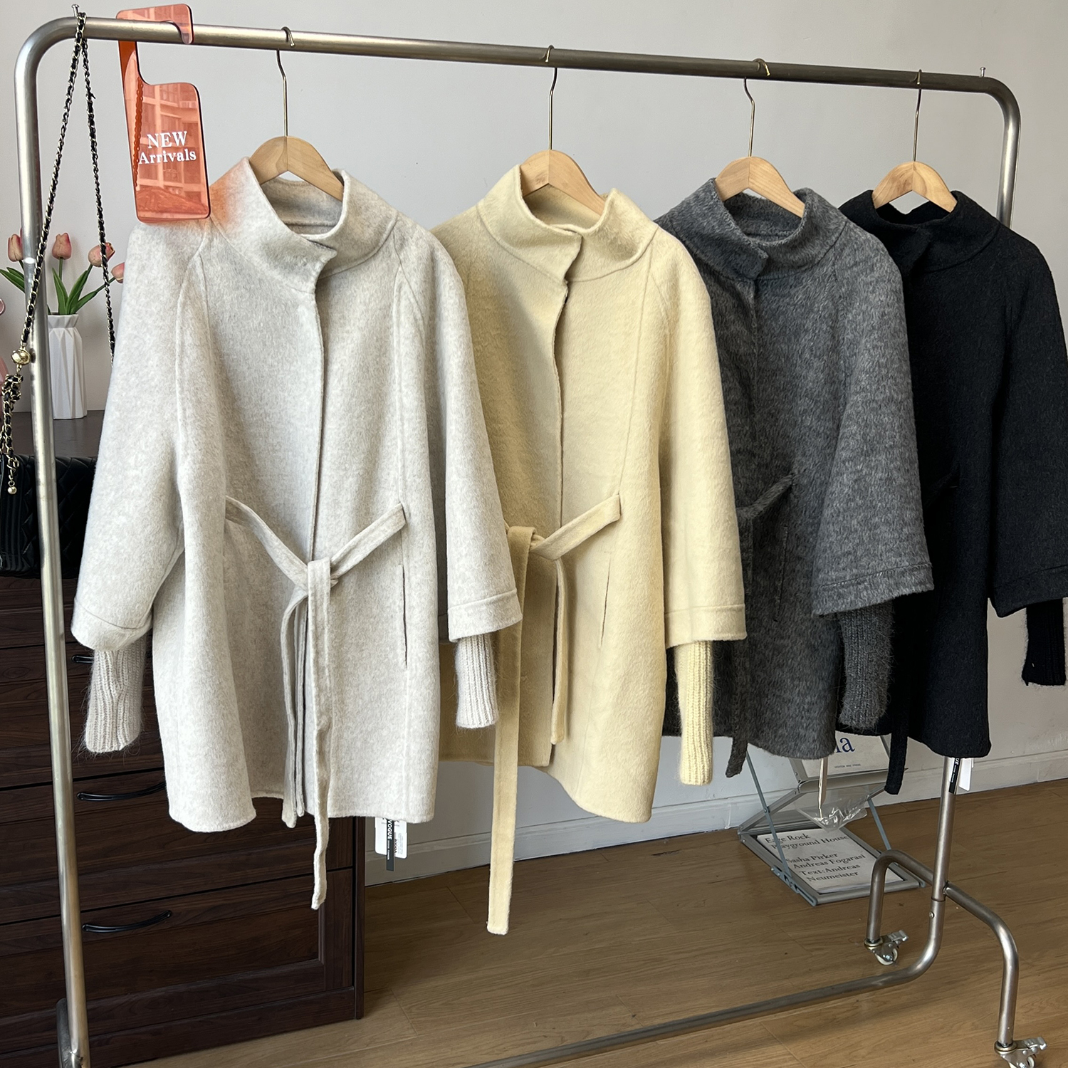 立领系带羊绒大衣女短款小个子