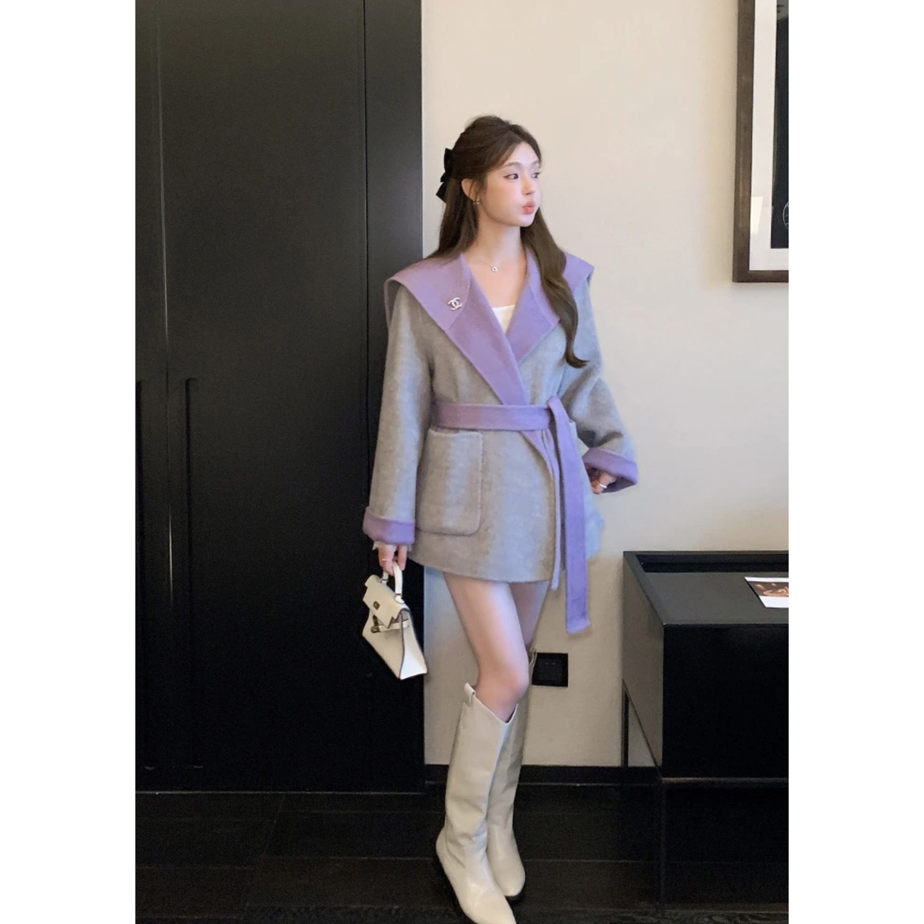 双面双色海军领羊绒大衣女小个子