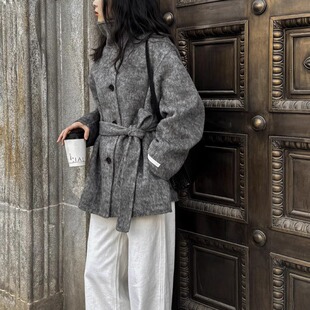 2025秋冬新款立领单排扣羊毛呢大衣女短款系带双面羊绒外套加厚潮