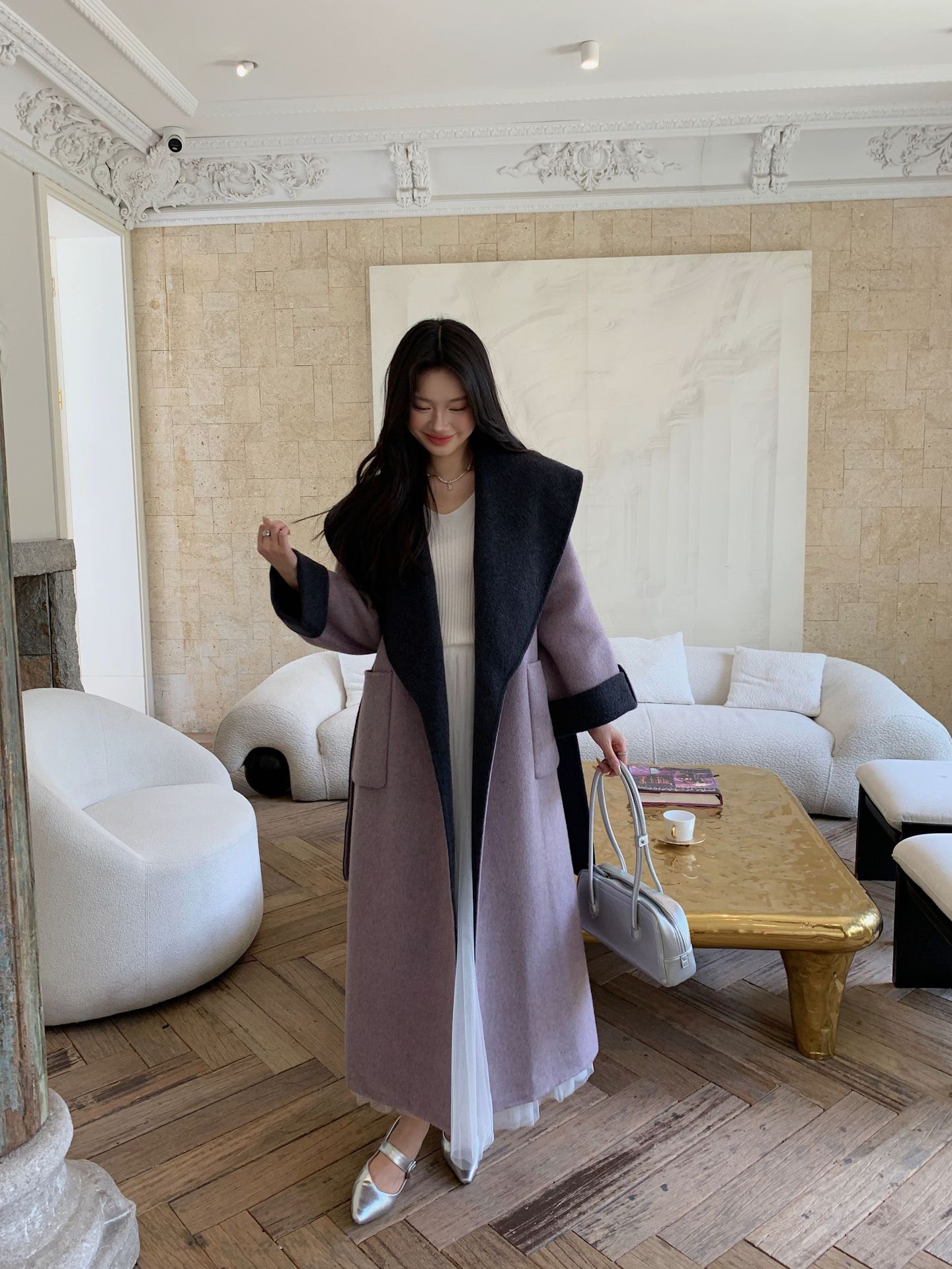 2025秋冬新款高级感双面双色连帽系带羊绒大衣女长款过膝羊毛外套