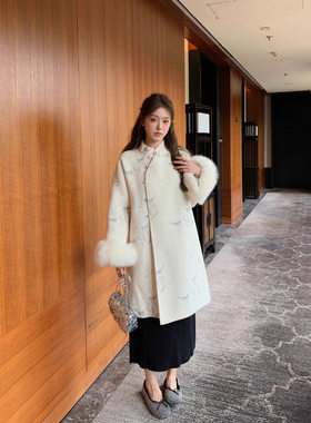 中国风盘扣印花双面呢羊毛大衣女