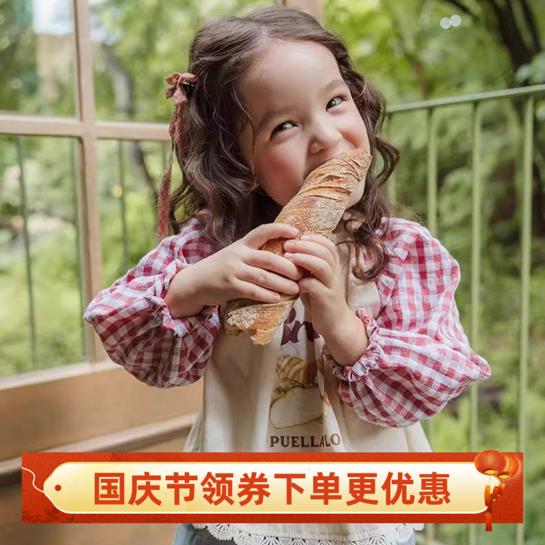 2025秋新款儿童草莓珊韩国女孩格子泡泡袖甜美印花女童上衣娃娃衫