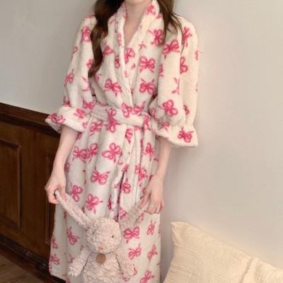 韩版女士珊瑚绒甜美中袖睡衣睡袍