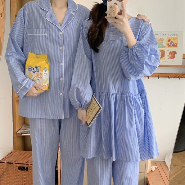 韩国外贸女士秋季新款情侣睡衣女韩系条纹简约可外穿家居服套装