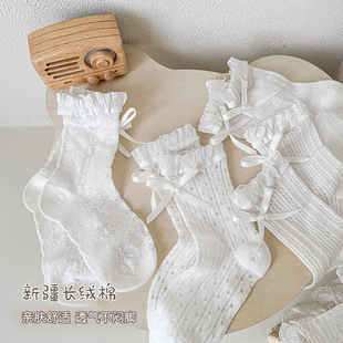 女童袜夏款蝴蝶结薄款蕾丝花边网眼袜中筒袜甜美公主小白袜堆堆袜