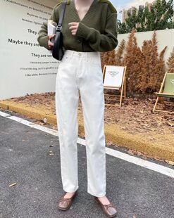 凤德堡FDB 26730#2022冬高腰磨毛抓薄绒宽松纯白宽直筒阔腿牛仔裤