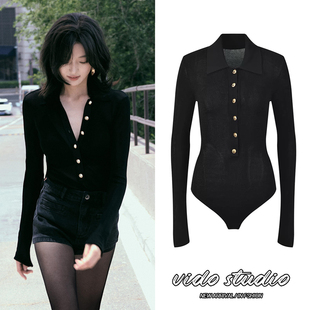 孙千同款黑色修身V领长袖针织衫女气质高级感老钱风显瘦连体上衣