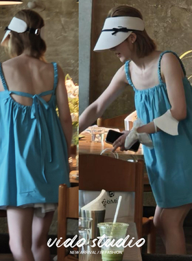 赵露思同款蓝色吊带连衣裙女25夏纯欲甜妹韩系海边度假风A字短裙