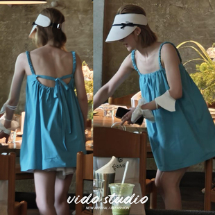 赵露思同款蓝色吊带连衣裙女26夏纯欲甜妹韩系海边度假风A字短裙