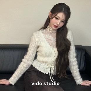 张元英同款纯欲蕾丝内搭针织开衫女羊毛V领钩花镂空抽绳收腰上衣