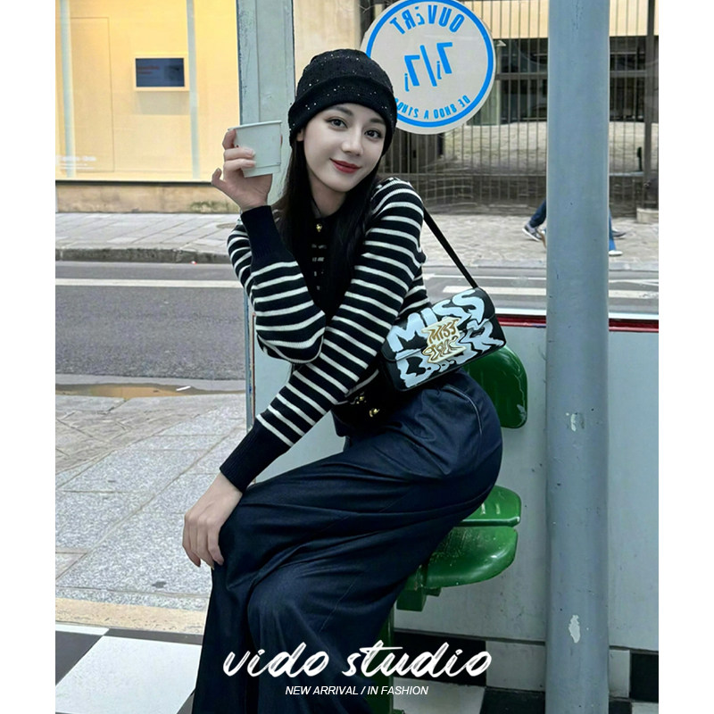 黑白细条纹针织衫内搭外穿2024秋