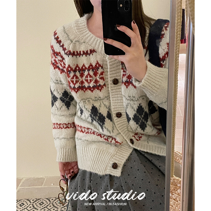 费尔岛花纹毛衣开衫氛围感毛衣