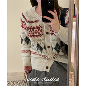 韩系复古费尔岛菱格提花毛衣外套女新年INS可爱风软糯针织开衫 厚