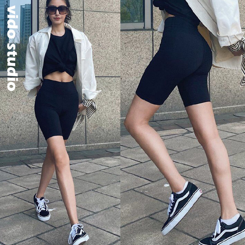 黑色紧身弹力瑜伽裤女外穿提臀鲨鱼皮五分短款单车骑行安全打底裤
