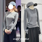 赵露思同款 上衣薄 女毛衣内搭纯色羊毛打底衫 灰色圆领长袖 针织衫
