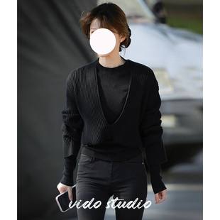 恋人赵露思阮妤同款黑色深V领针织衫女宽松慵懒风高级感叠穿上衣
