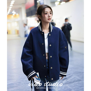 卢昱晓同款藏青色棒球服外套女短款简约运动休闲夹克上衣秋冬加厚