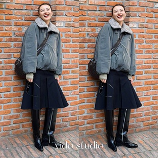 高圆圆同款翻领毛毛领拉链夹克外套韩系慵懒风松弛感军绿色棉衣冬