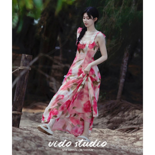 一枝南南同款粉色印花吊带连衣裙法式收腰茶歇法式仙女度假长裙子