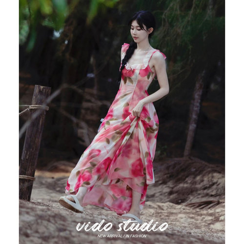 一枝南南同款粉色印花吊带连衣裙法式收腰茶歇法式仙女度假长裙子