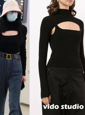 迪丽热巴同款黑色长袖针织衫女叠穿两件套辣妹心机显瘦高领上衣