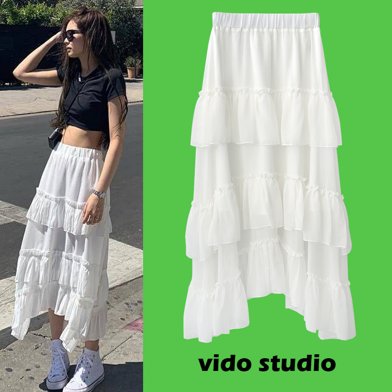 jennie同款黑白色雪纺半身裙a高腰波点中长蛋糕裙子夏vido studio