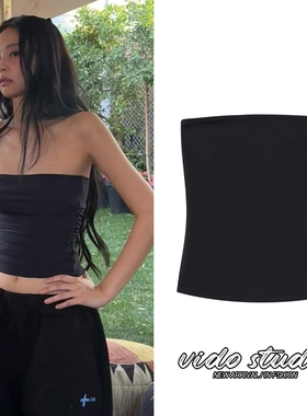 Jennie同款美式辣妹黑色抹胸吊带背心女夏纯欲风性感露脐紧身上衣