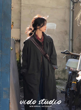 白鹿同款韩系复古中长款风衣女灰绿色休闲文艺风森系气质宽松外套